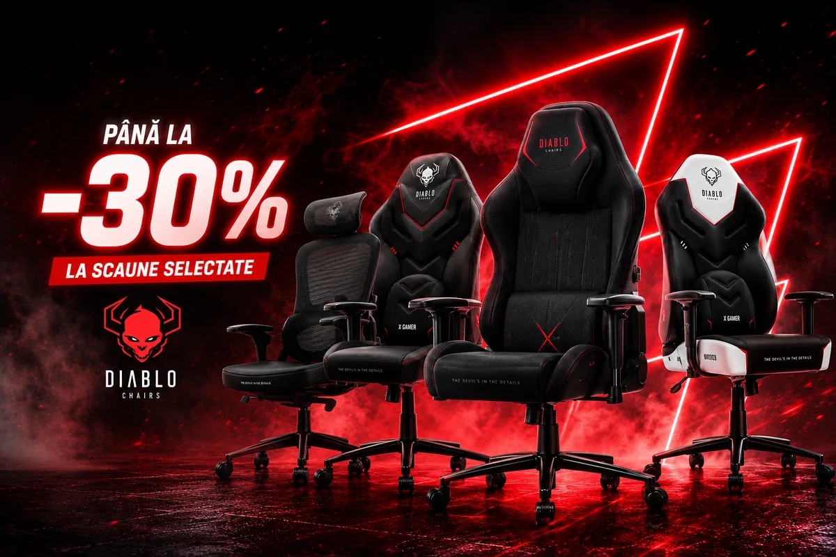 Selecție de scaune gaming Diablo Chairs și scaune ergonomice la preț promoțional.”