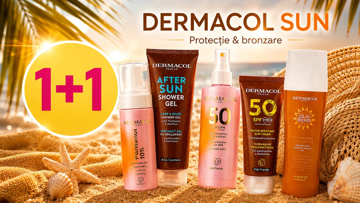 Produse Dermacol Sun pentru protecție solară și îngrijire după plajă, promovate în oferta 1+1 gratuit.