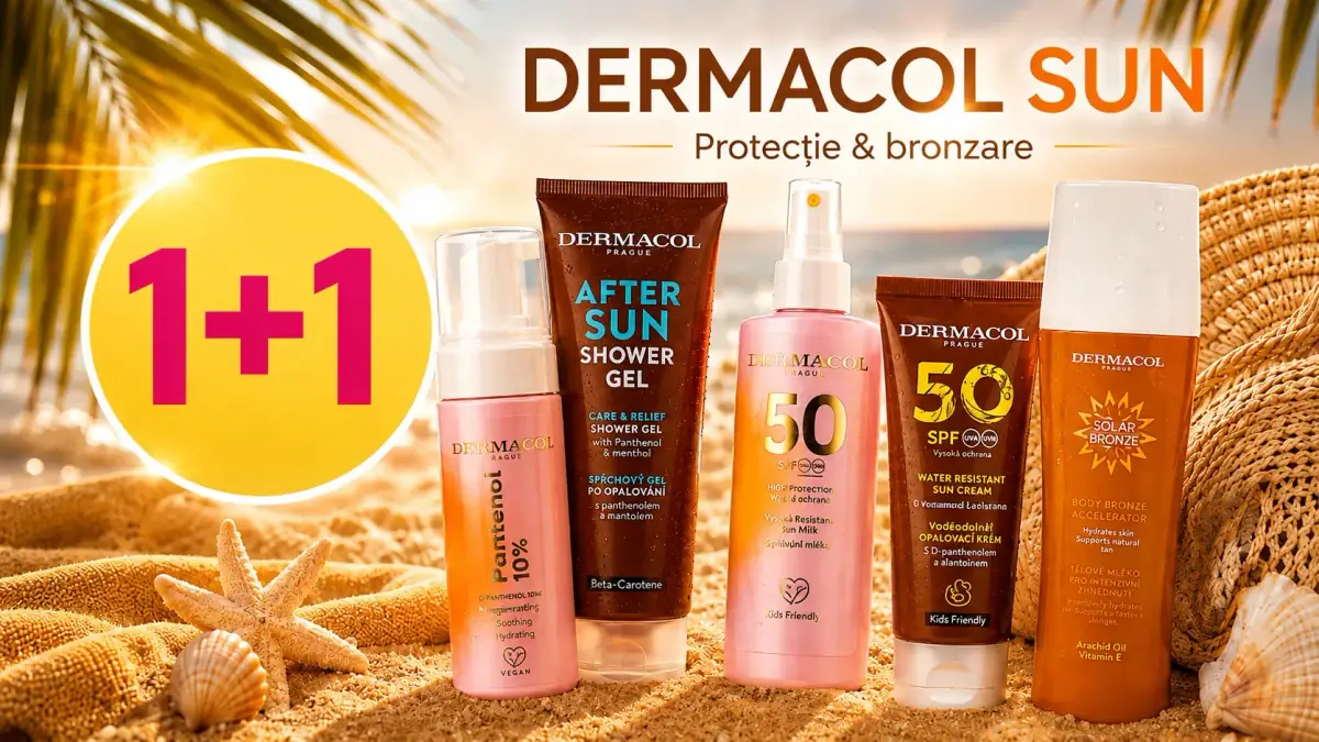 Produse Dermacol Sun pentru protecție solară și îngrijire după plajă, promovate în oferta 1+1 gratuit.