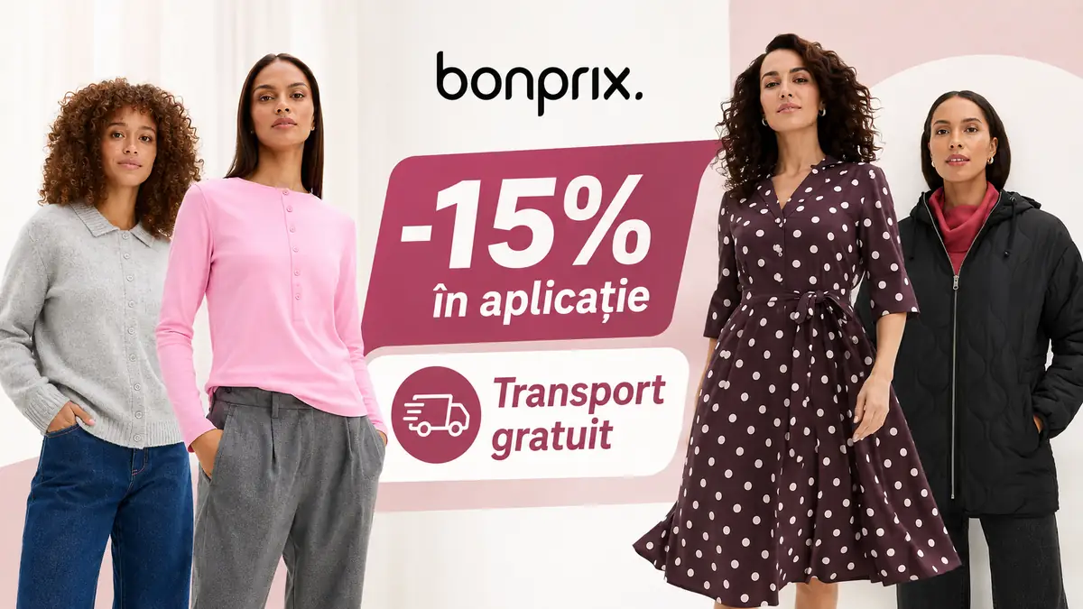 Promo Bonprix cu patru modele, reducere de 15% în aplicație și transport gratuit.