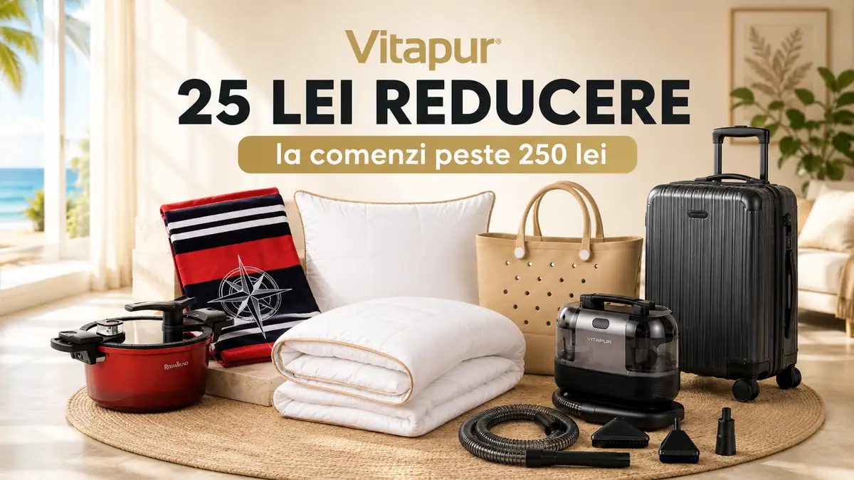 Banner promoțional Vitapur cu reducere de 25 lei la comenzi de peste 250 lei, cu pernă, pilotă, geantă, troller, aparat de curățare, prosop de plajă și oală sub presiune.