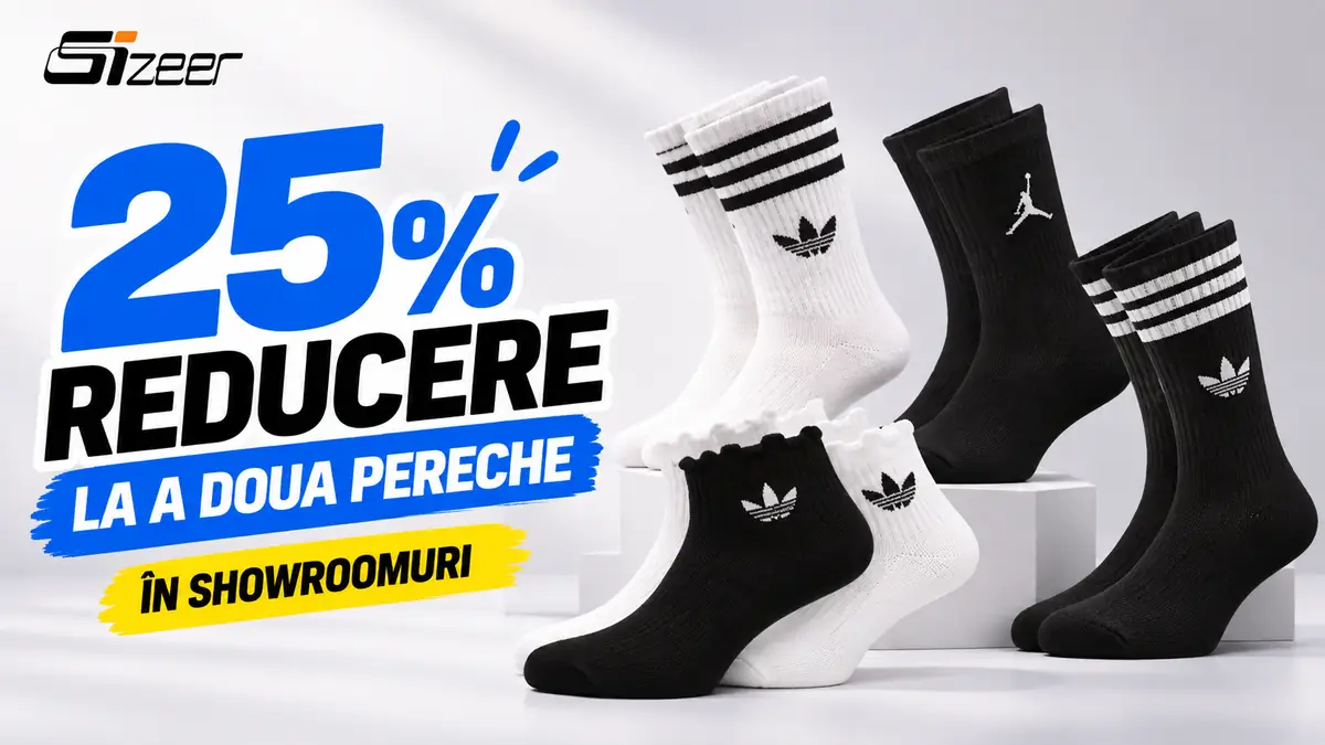 Șosete adidas și Jordan albe și negre, cu 25% reducere la a doua pereche în showroomurile Sizeer.