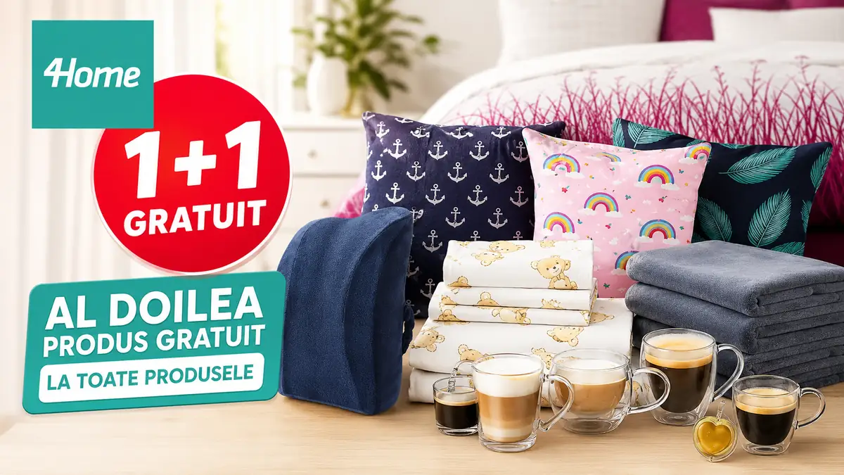 Promoție E4Home 1+1 gratis cu lenjerii, perne, pături și pahare pentru casă.