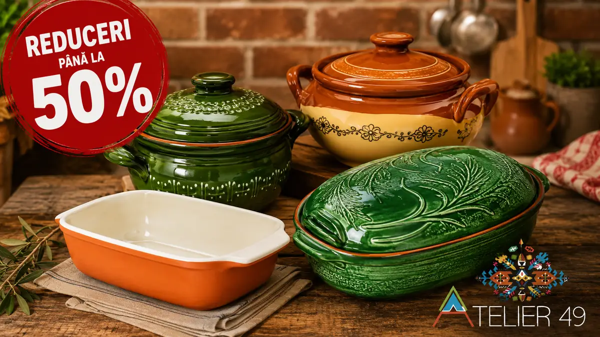 Oale și tăvi din ceramică Atelier49, în nuanțe de verde și teracotă, promovate cu reduceri de până la 50%.