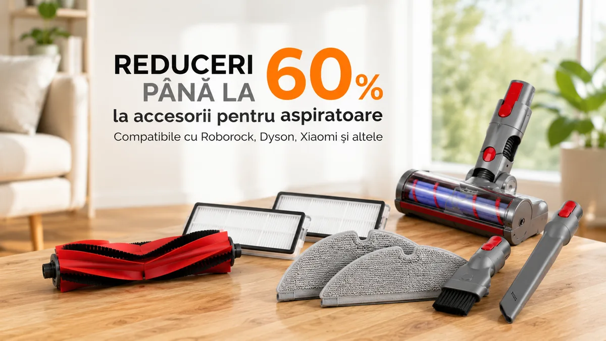 Accesorii pentru aspiratoare, inclusiv perii, filtre și lavete, expuse într-un decor modern, cu reduceri de până la 60%.