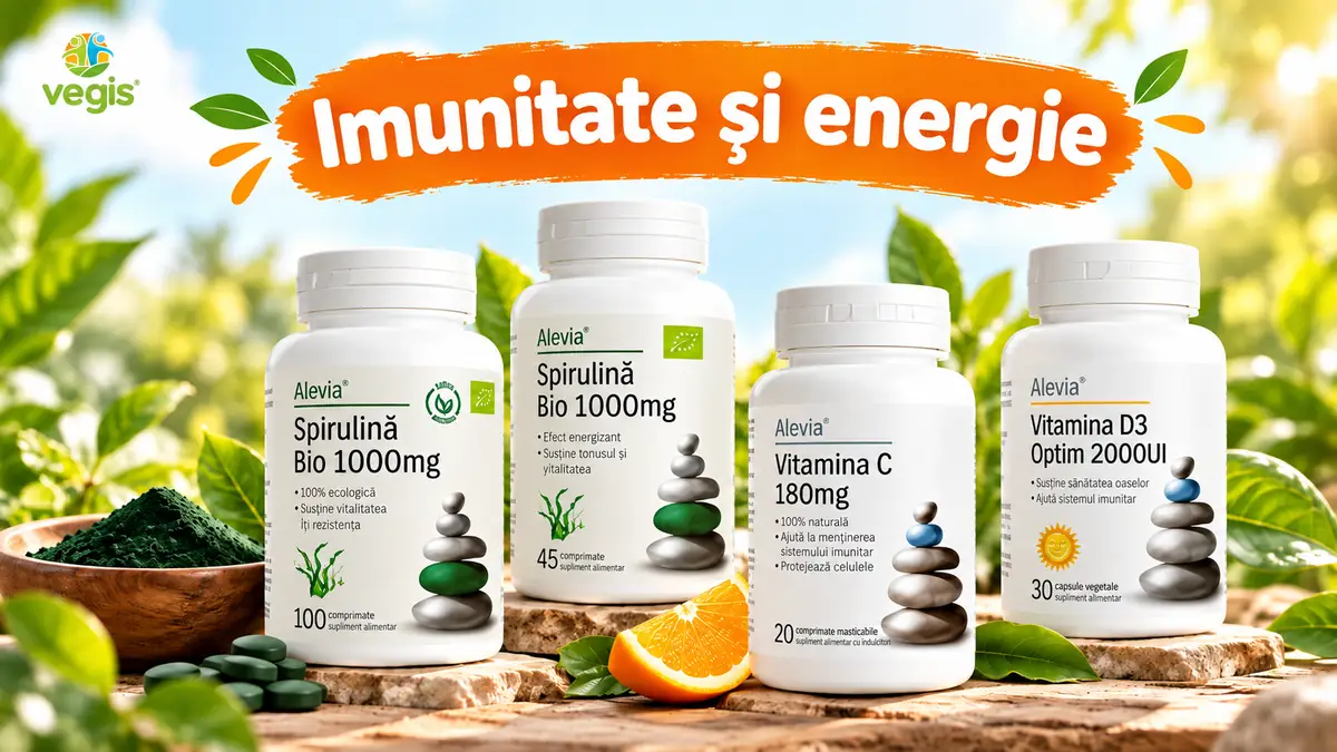 Suplimente Alevia pentru imunitate și energie, disponibile la Vegis: spirulină, vitamina C și vitamina D3.