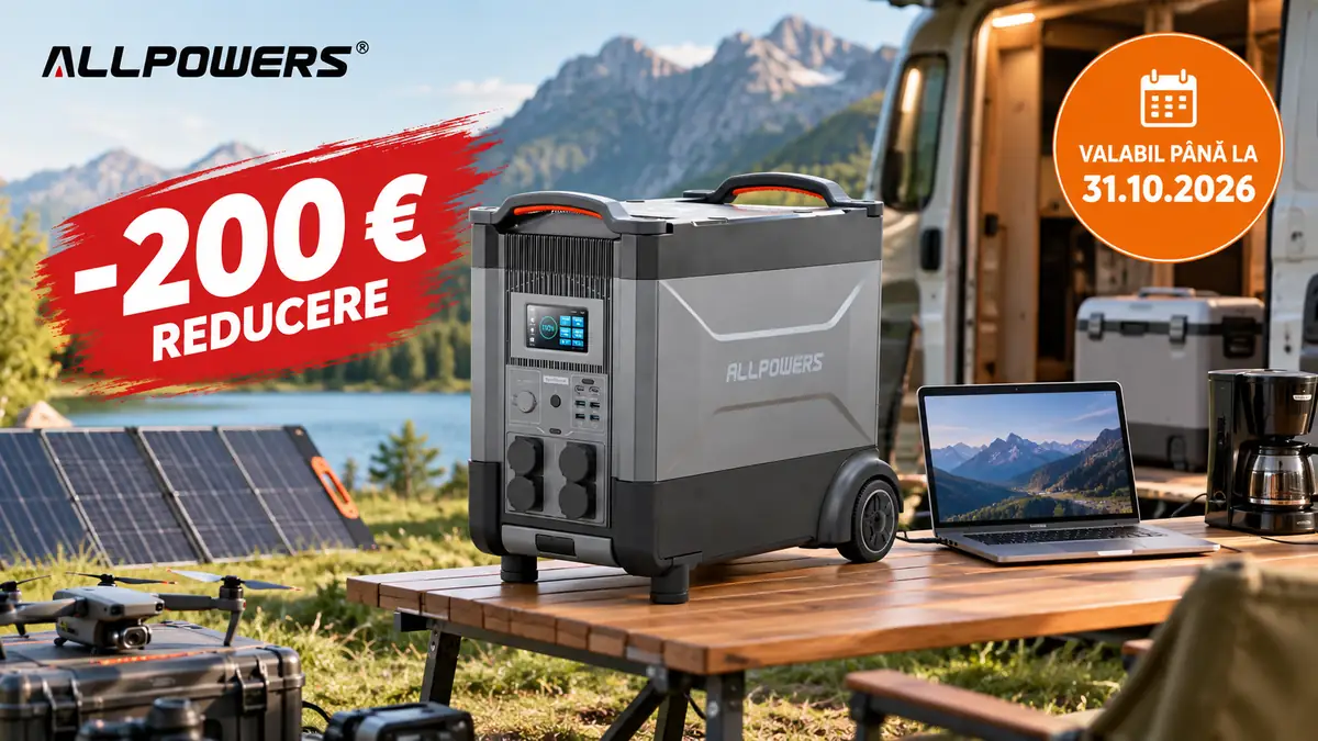 Stație de energie ALLPOWERS R4000 lângă panouri solare, cu reducere de 200 € și valabilitate până la 31.10.2026.