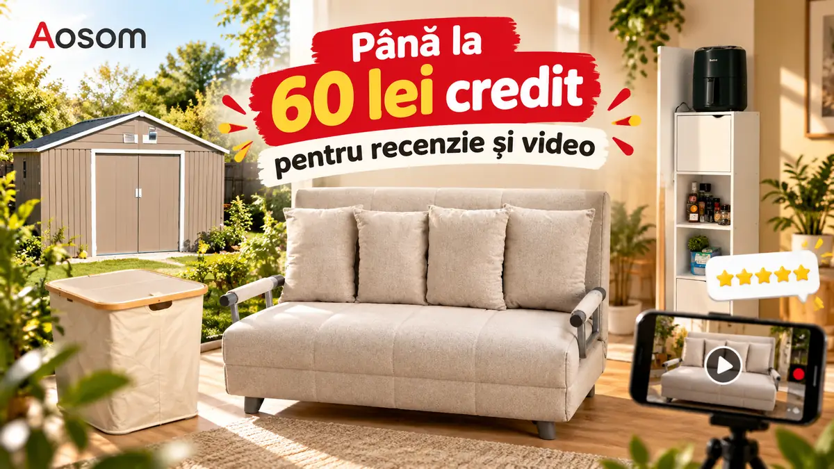 Ofertă Aosom: până la 60 lei credit pentru recenzie și video, cu canapea, mobilier și produse pentru casă și grădină.
