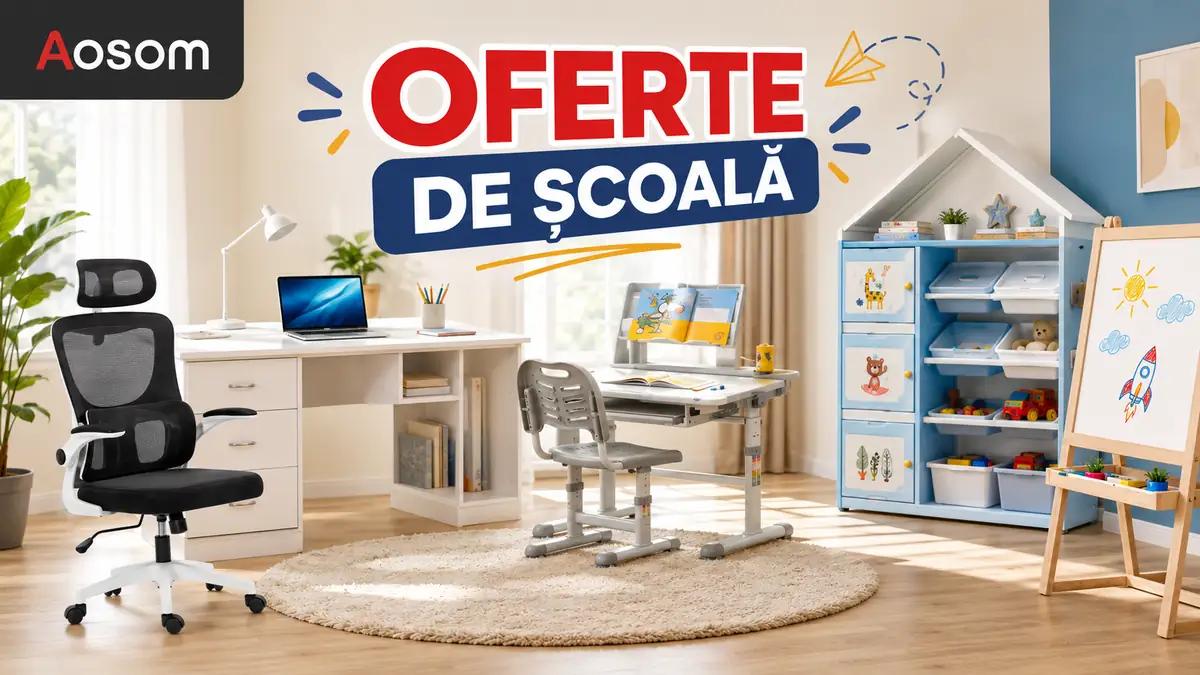 Birouri, scaune și mobilier pentru studiu într-o cameră luminoasă, promovate în campania Aosom „Oferte de școală”.