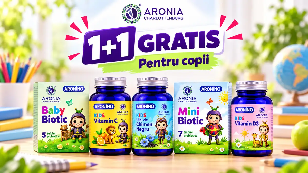 Suplimente Aronia pentru copii, cu produse Baby Biotic, vitamine și oferta 1+1 GRATIS.