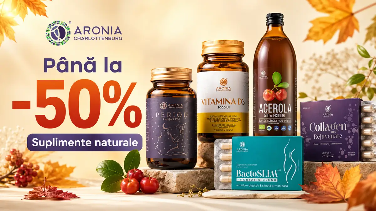 Suplimente naturale Aronia Charlottenburg, cu vitamine, probiotice și acerola, promovate cu reduceri de până la 50%.