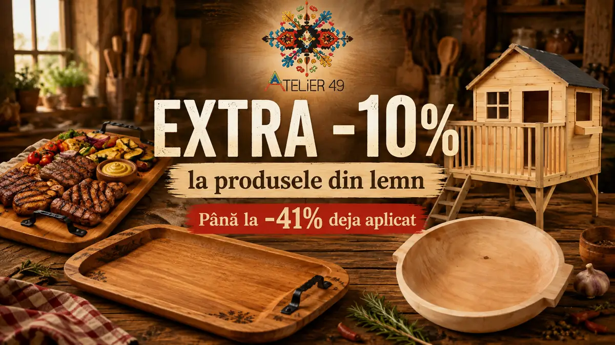 Produse din lemn Atelier49, inclusiv tăvi, covată și căsuță, promovate cu reducere extra de 10%.