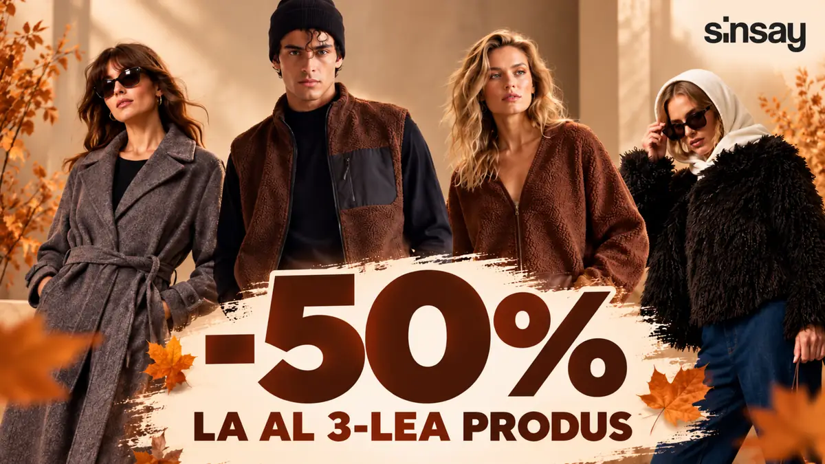 Promoție Sinsay de toamnă cu articole vestimentare și reducere de 50% la fiecare al treilea produs.