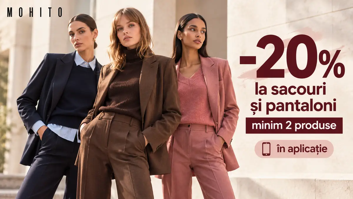 Promoție Mohito: trei femei în sacouri și pantaloni eleganți, cu reducere de 20% în aplicație, la minimum 2 produse.