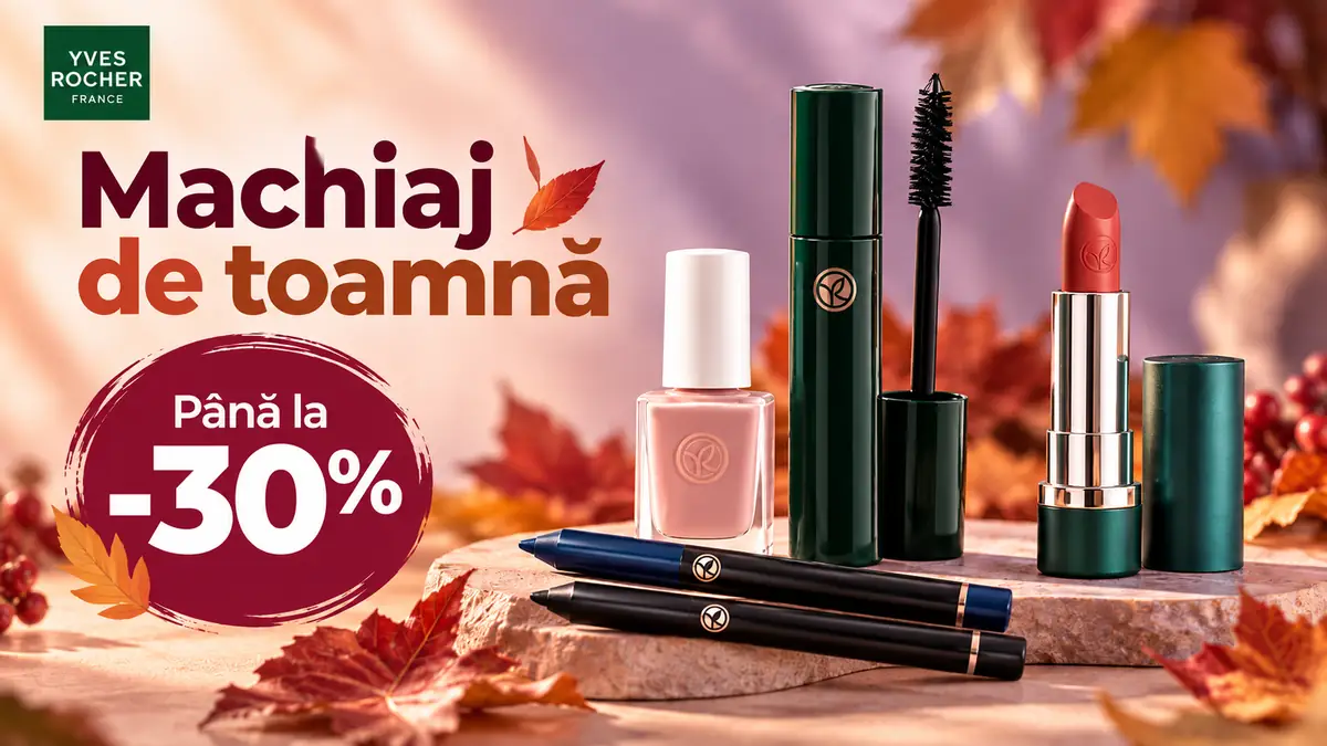 Machiaj de toamnă Yves Rocher cu lac de unghii, mascara, creioane și ruj, cu reducere de până la 30%.