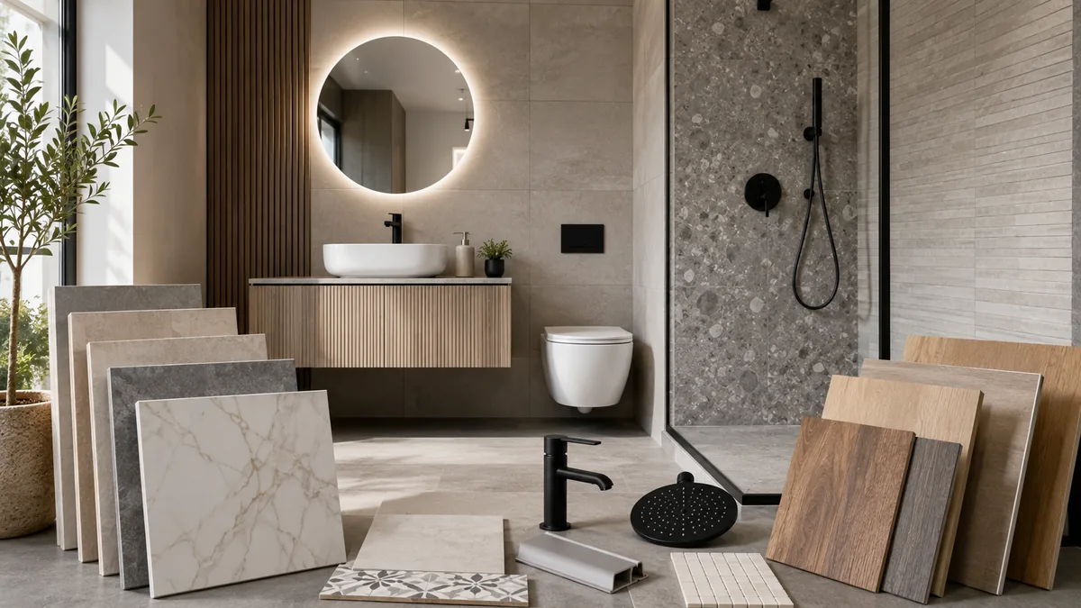Baie modernă cu gresie, faianță, baterii și mostre de parchet expuse elegant, sugerând oferte avantajoase pentru amenajări interioare.