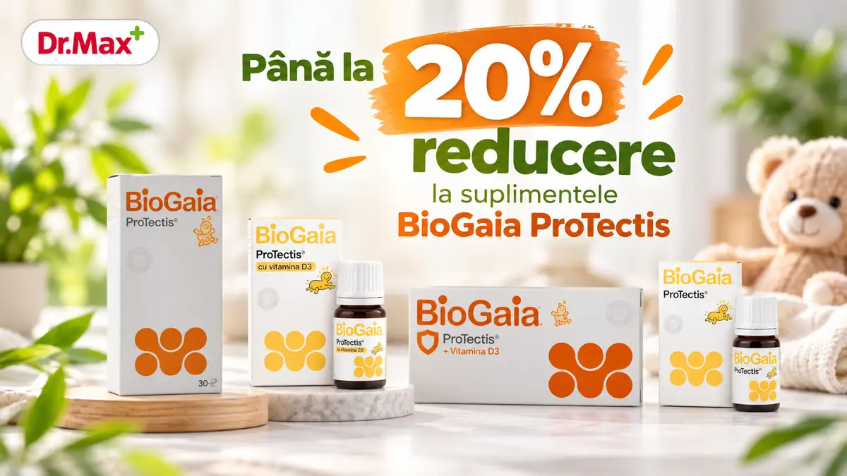 Produse BioGaia ProTectis pentru copii, prezentate într-un decor luminos, cu până la 20% reducere la Dr. Max.
