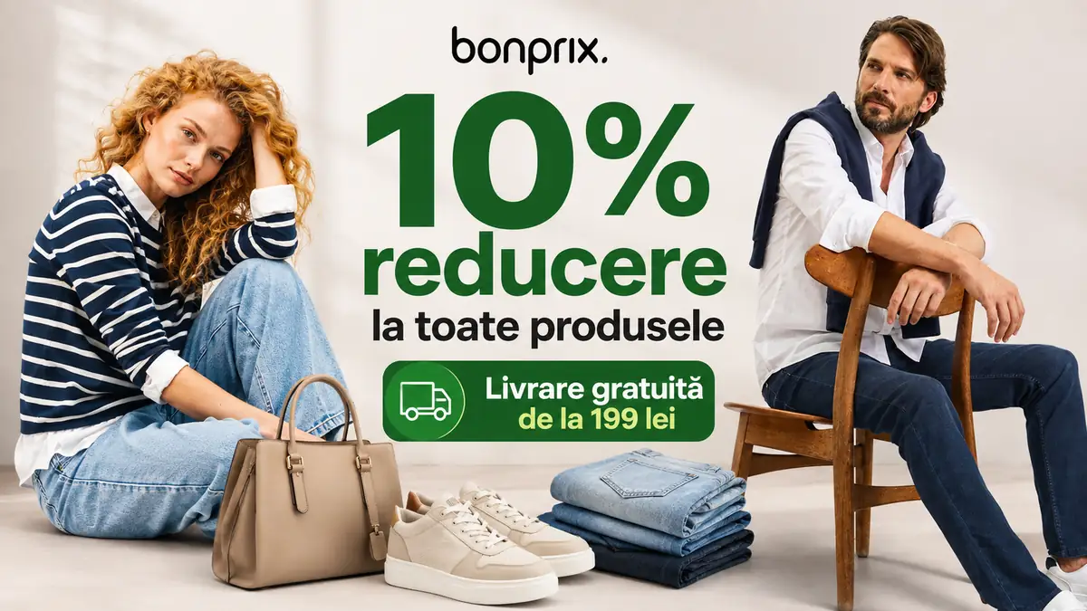 Banner Bonprix cu 10% reducere, livrare gratuită de la 199 lei, modele și articole vestimentare.
