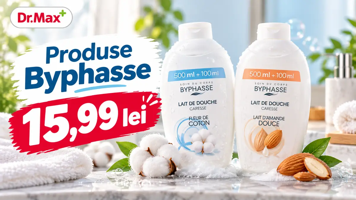 Produse Byphasse pentru duș, cu flori de bumbac și lapte de migdale, disponibile la Dr. Max la prețul de 15,99 lei.