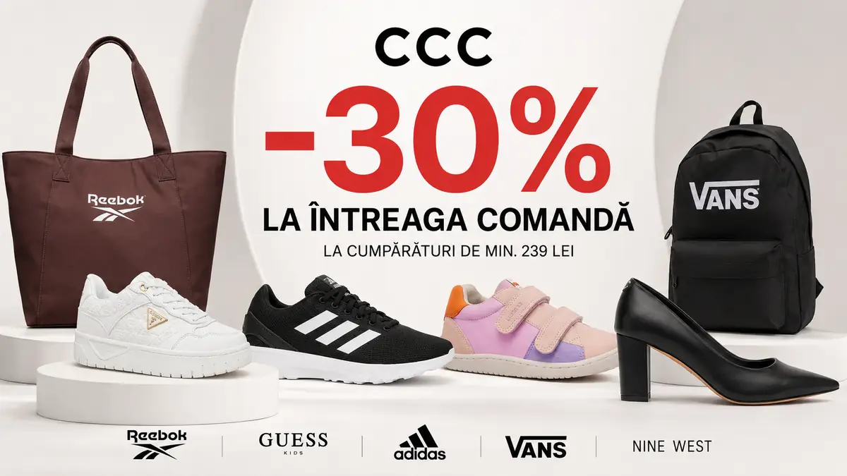 Promoție CCC cu reducere de 30%, pantofi sport, pantofi eleganți, geantă și rucsac pe fundal deschis.