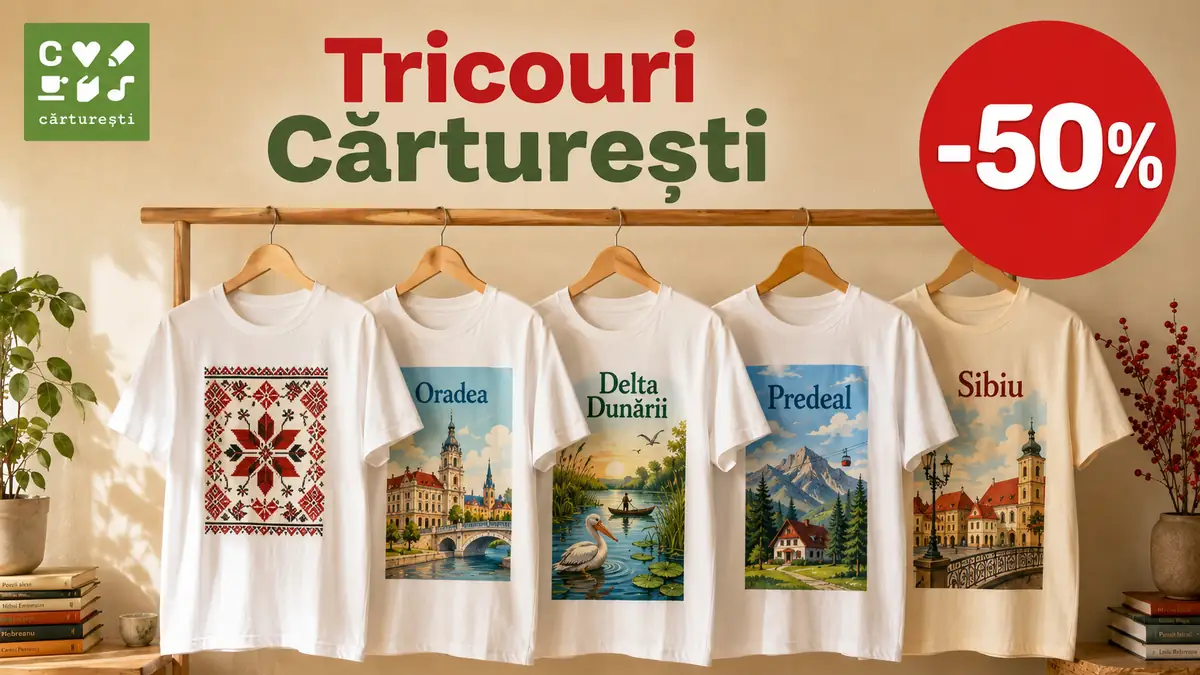 Cinci tricouri Cărturești pe umerașe, cu imprimeuri românești, logo verde și badge roșu „-50%”.