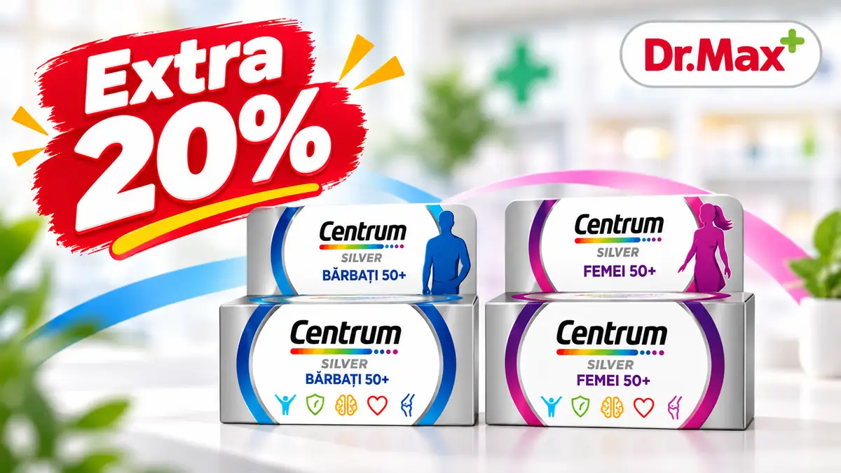Promoție Dr. Max cu 20% reducere extra la suplimentele Centrum Silver 50+ pentru femei și bărbați.