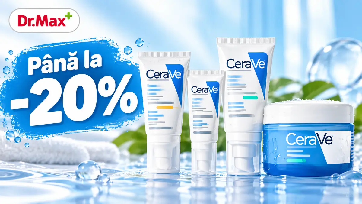 Produse CeraVe pentru hidratare, prezentate într-un decor fresh cu apă, alături de mesajul „Până la -20%” și logo-ul Dr. Max.