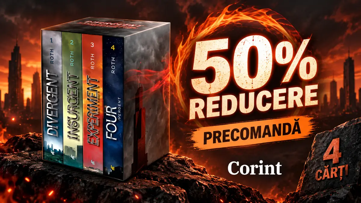 Box set Divergent cu 4 cărți pe fundal dramatic, alături de mesajele „50% reducere” și „Precomandă”.