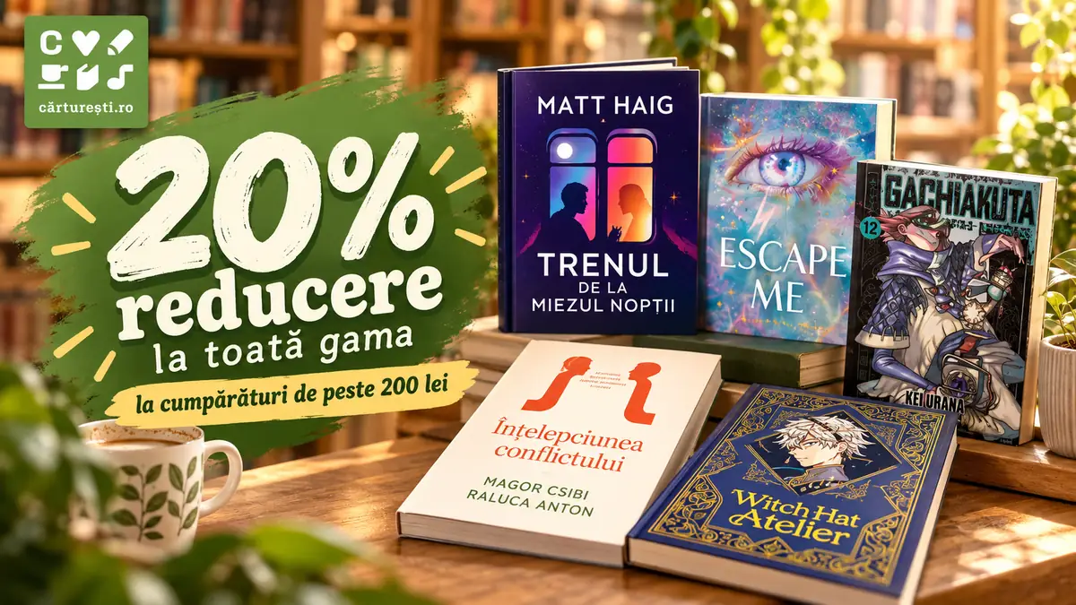 Promoție Cărturești cu 20% reducere la cărți și alte produse, pentru comenzi de peste 200 lei, până pe 11 octombrie 2026.
