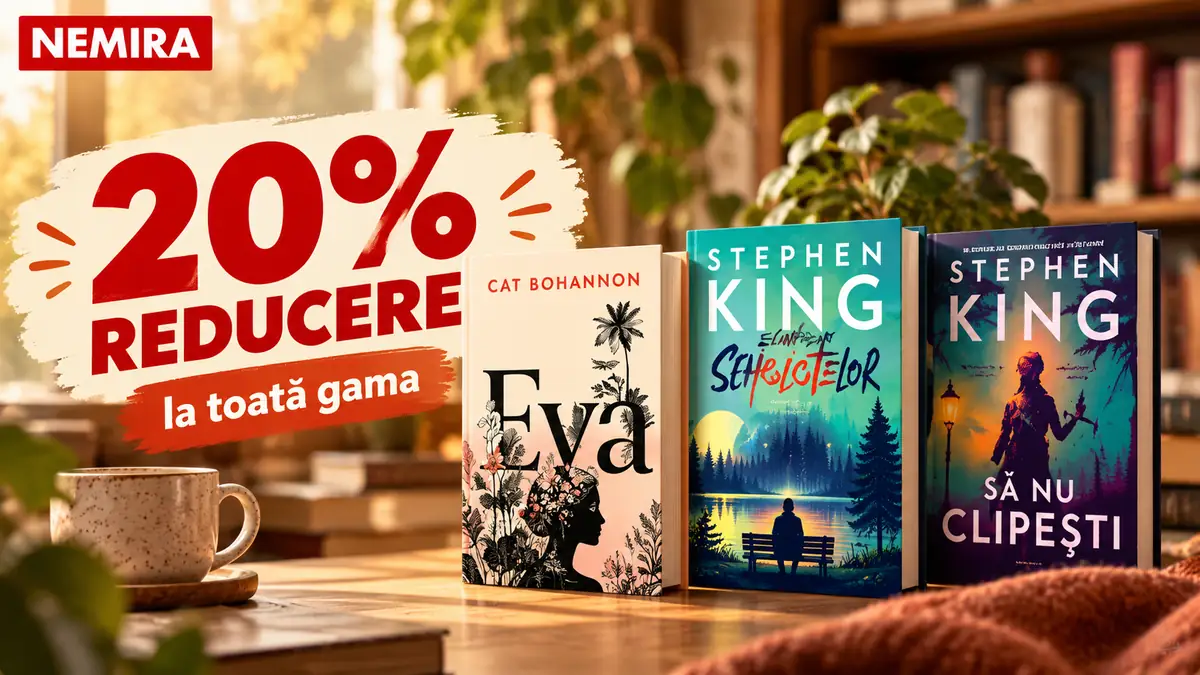 Reducere de 20% la Nemira, cu trei cărți expuse pe o masă din lemn, într-un decor cald, cu bibliotecă.