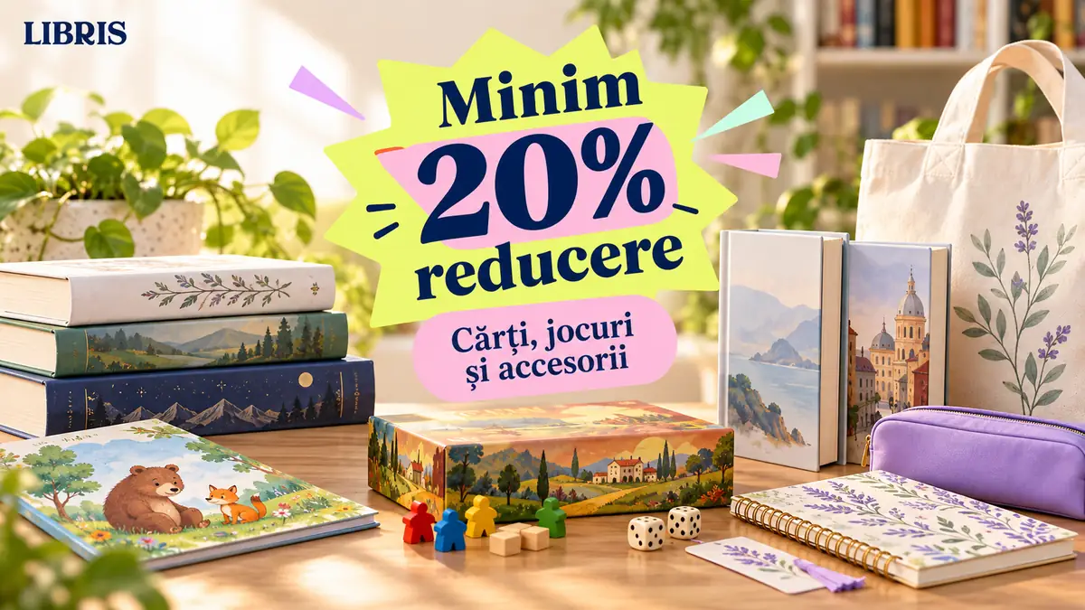 Reducere de minimum 20% la Libris pentru cărți, jocuri și accesorii, ilustrate într-un decor luminos de lectură.