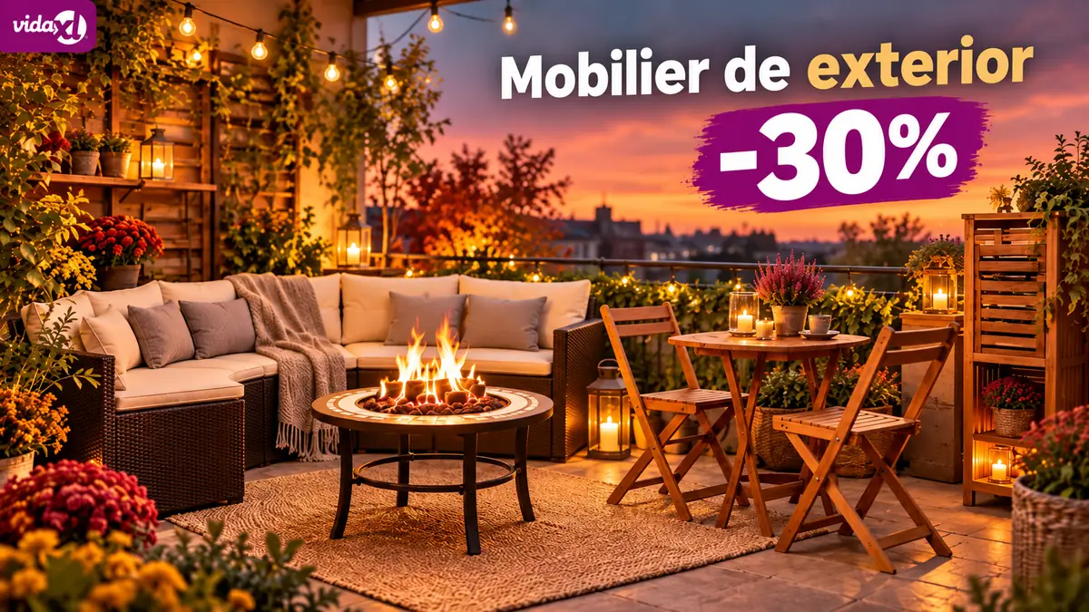 Mobilier de exterior vidaXL cu reducere de 30%, canapea de grădină, vatră de foc și set bistro din lemn pe terasă.