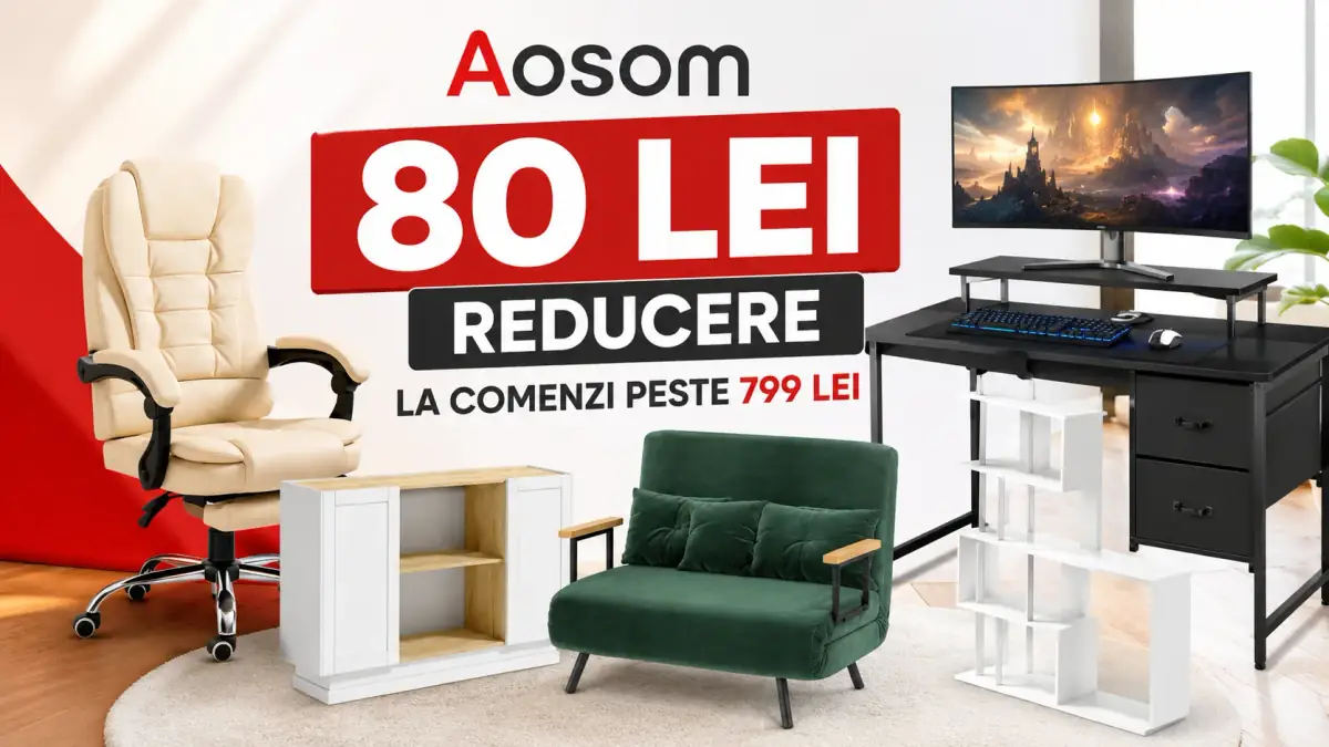 Reducere de 80 lei la mobilier de birou Aosom pentru comenzi peste 799 lei, cu birouri, scaune și mobilier pentru home office.