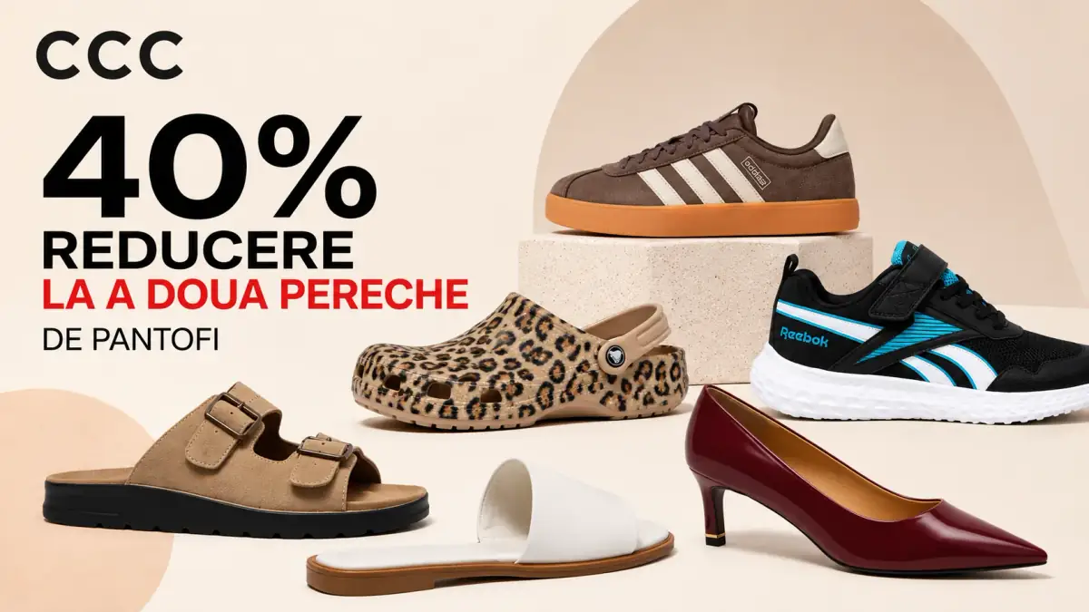 CCC – 40% reducere la a doua pereche de pantofi, cu selecție de sneakers, sandale, saboți și pantofi eleganți.