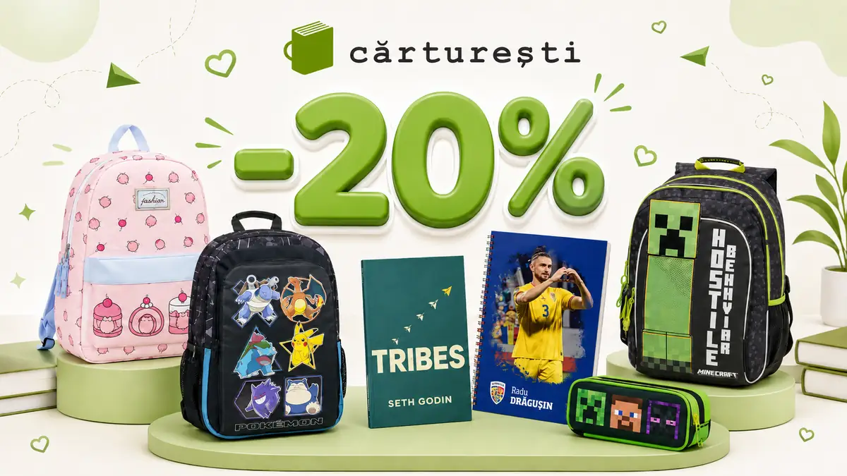 Banner Cărturești cu reducere de 20%, ilustrat cu ghiozdane Pokémon, Minecraft și Pusheen, cartea „Tribes” și un caiet cu Radu Drăgușin.