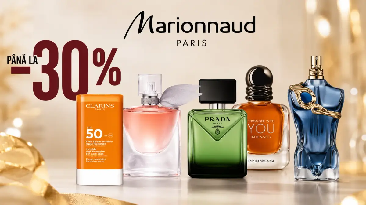 Reducere de până la 30% la Marionnaud, cu parfumuri Prada, Armani, Jean Paul Gaultier și cosmetice Clarins prezentate pe un fundal elegant auriu.