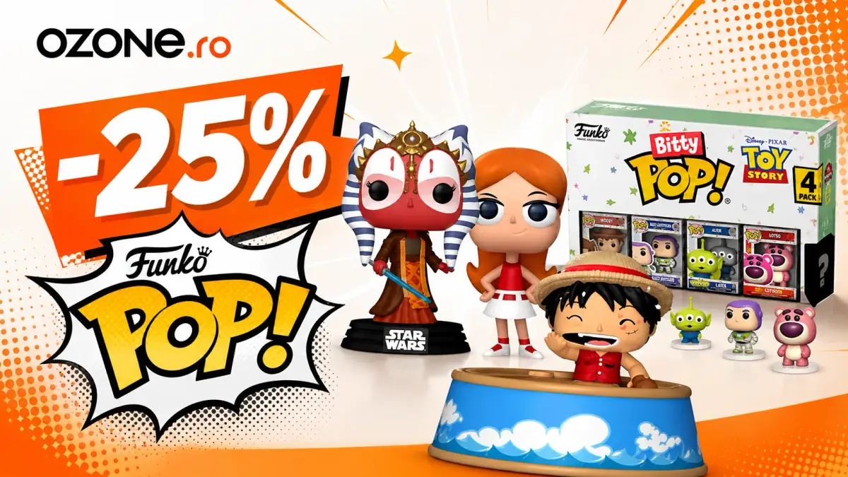 Banner promoțional Ozone.ro cu reducere de 25% la figurine Funko POP!, prezentând personaje și seturi Funko colorate.