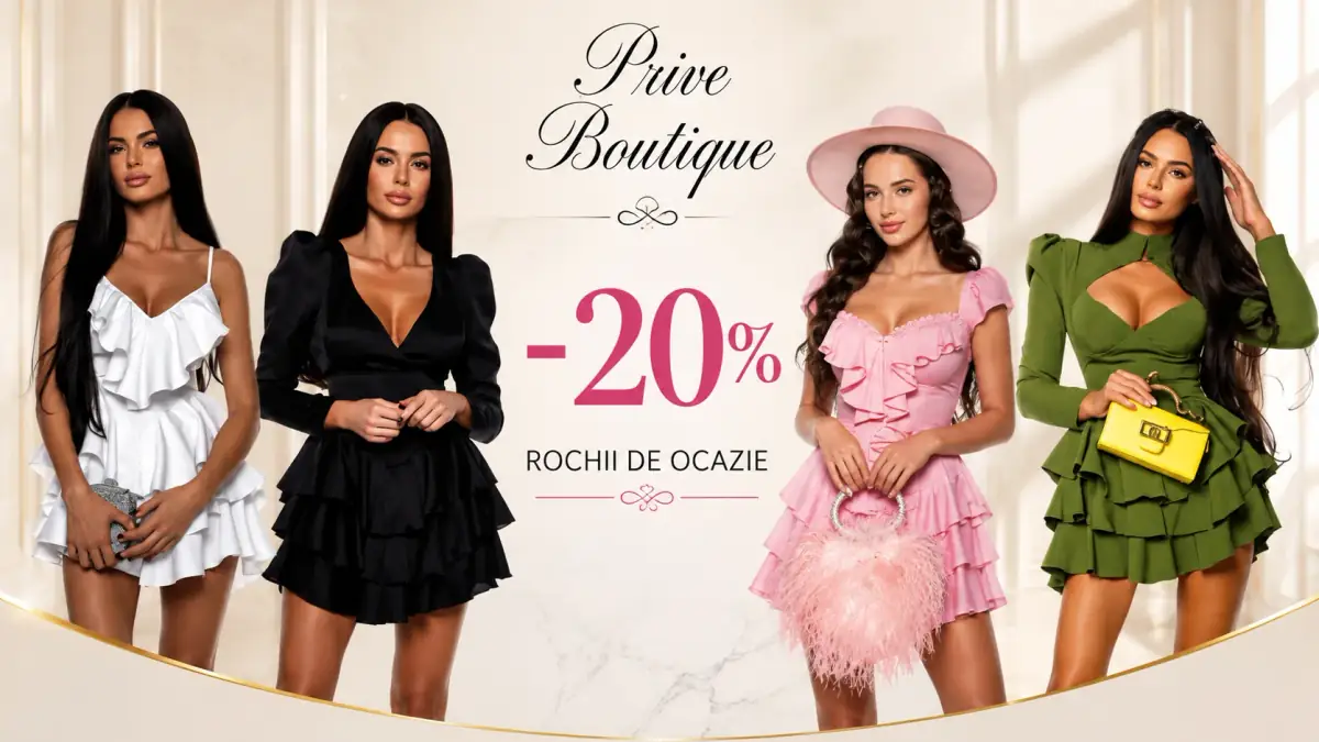 Banner Prive Boutique cu patru rochii de ocazie elegante în alb, negru, roz și verde, promovând o reducere de 20%.