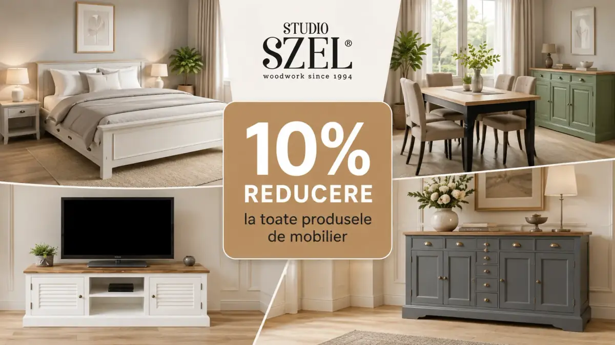 Banner Studio Szel cu 10% reducere la toate produsele de mobilier, prezentând pat, masă cu scaune, comodă TV și bufet.