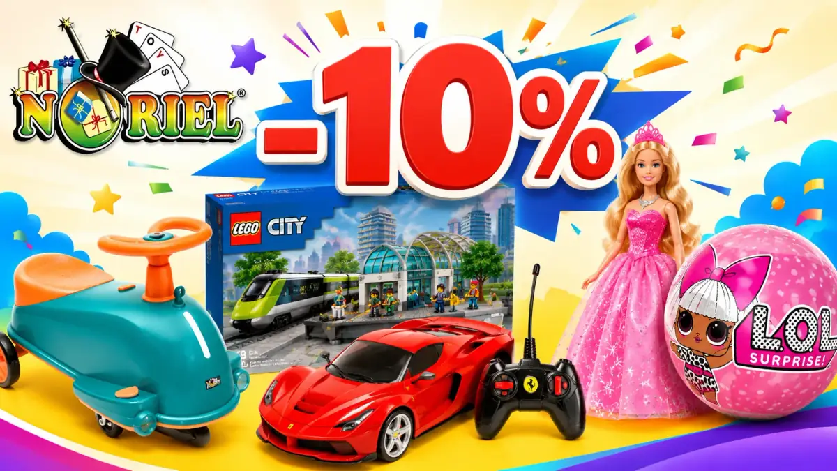 Reducere Noriel de 10% la jucării la preț întreg, cu mașinuță, set LEGO City, păpușă și LOL Surprise.