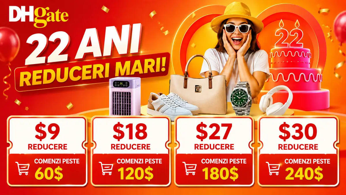 Promoție aniversară DHgate cu reduceri de 9$, 18$, 27$ și 30$ la comenzi de valori diferite.