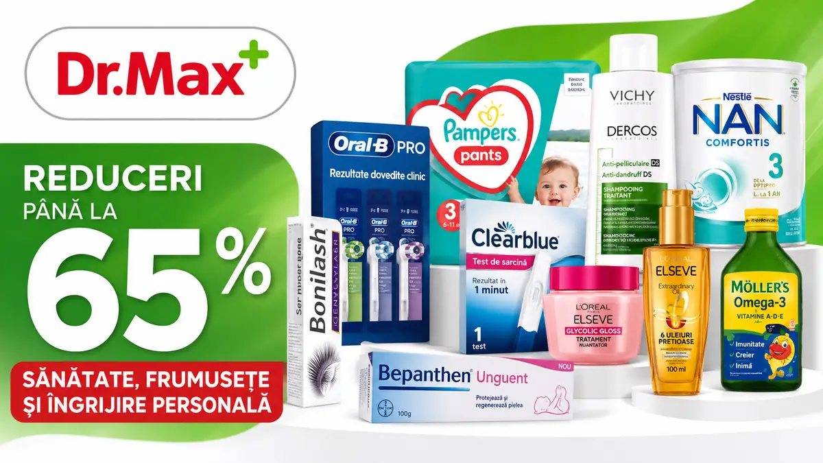 Promoție Dr. Max cu reduceri de până la 65% la produse de sănătate, frumusețe și îngrijire personală.