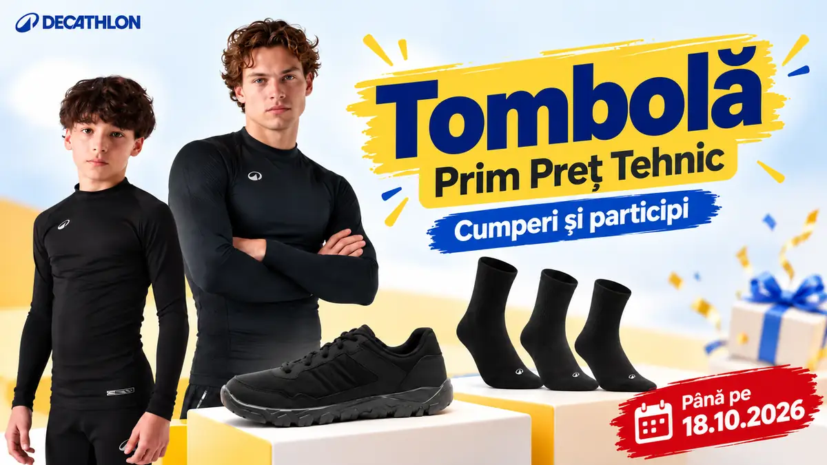 Tombolă Decathlon Prim Preț Tehnic, cu îmbrăcăminte sport, pantofi și șosete negre, valabilă până pe 18.10.2026.
