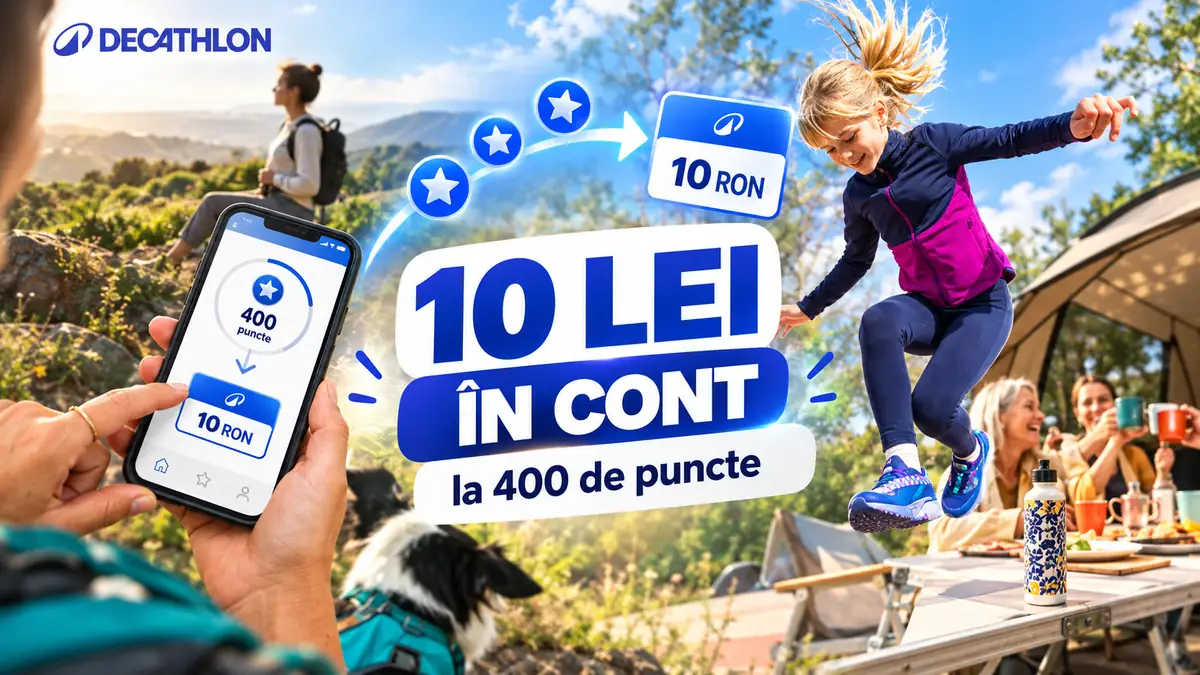 Promoție Decathlon: 10 lei în cont la fiecare 400 de puncte, ilustrată prin activități sportive și outdoor.
