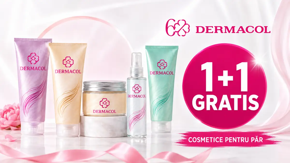 Produse Dermacol pentru îngrijirea părului, alături de insigna promoțională roz „1+1 GRATIS”.