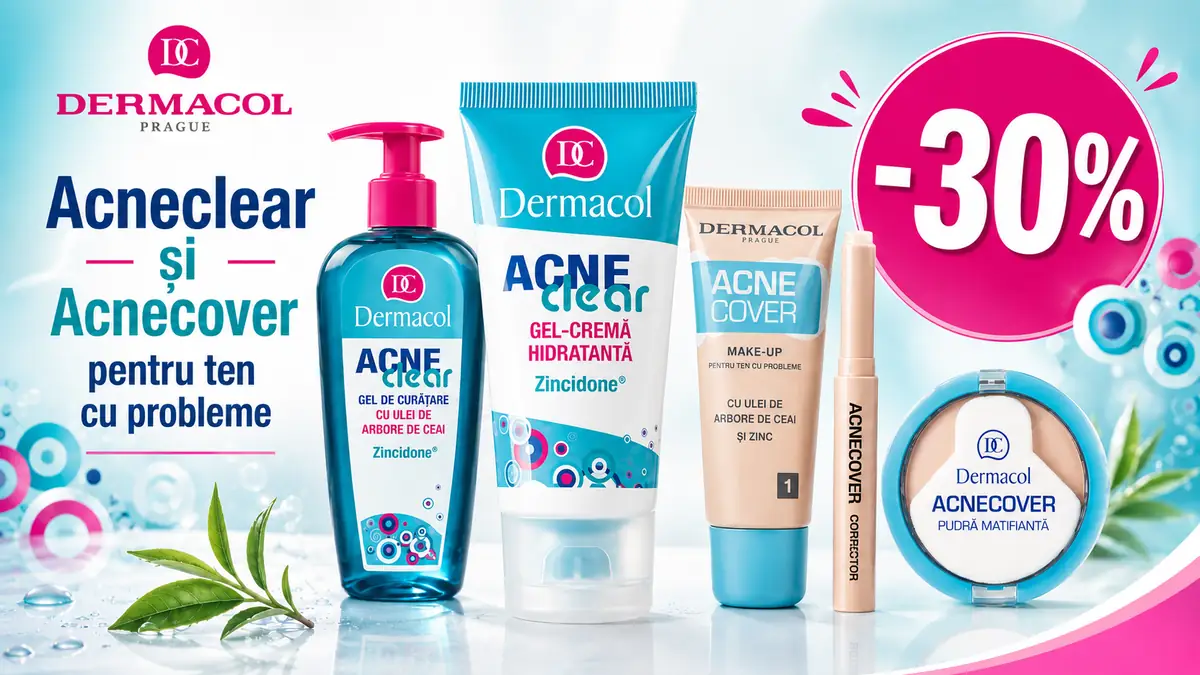Produse Dermacol Acneclear și Acnecover, pe fundal turcoaz, alături de un badge roz cu reducere de 30%.