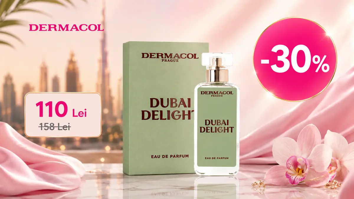 Parfum Dermacol Dubai Delight cu ambalaj verde, preț 110 lei și reducere de 30%, pe fundal elegant roz.