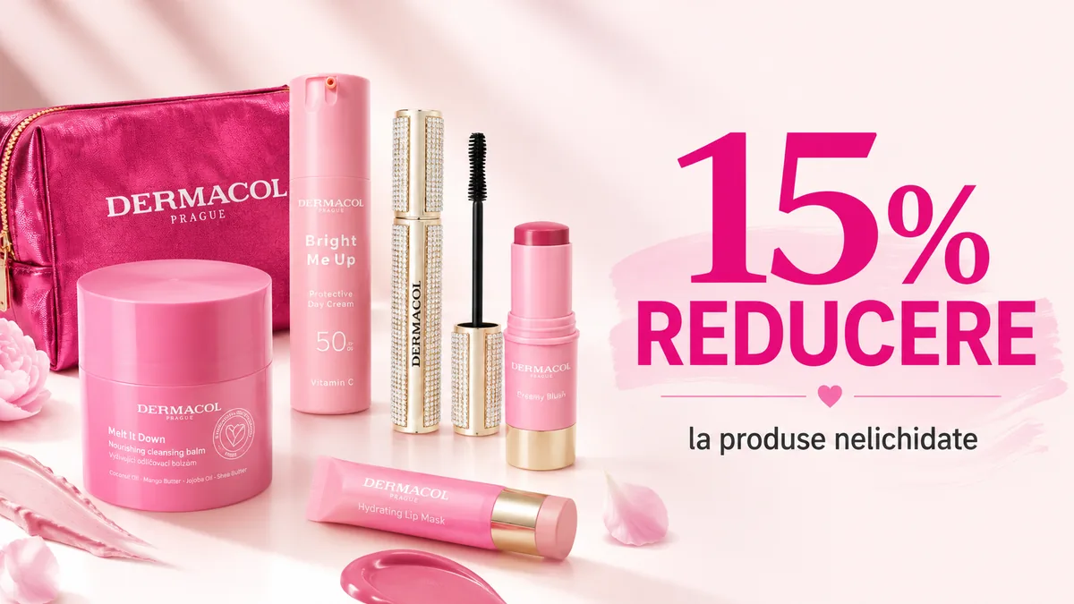 Produse cosmetice Dermacol în nuanțe de roz, prezentate într-un banner promoțional cu reducere de 15% la produsele nelichidate.
