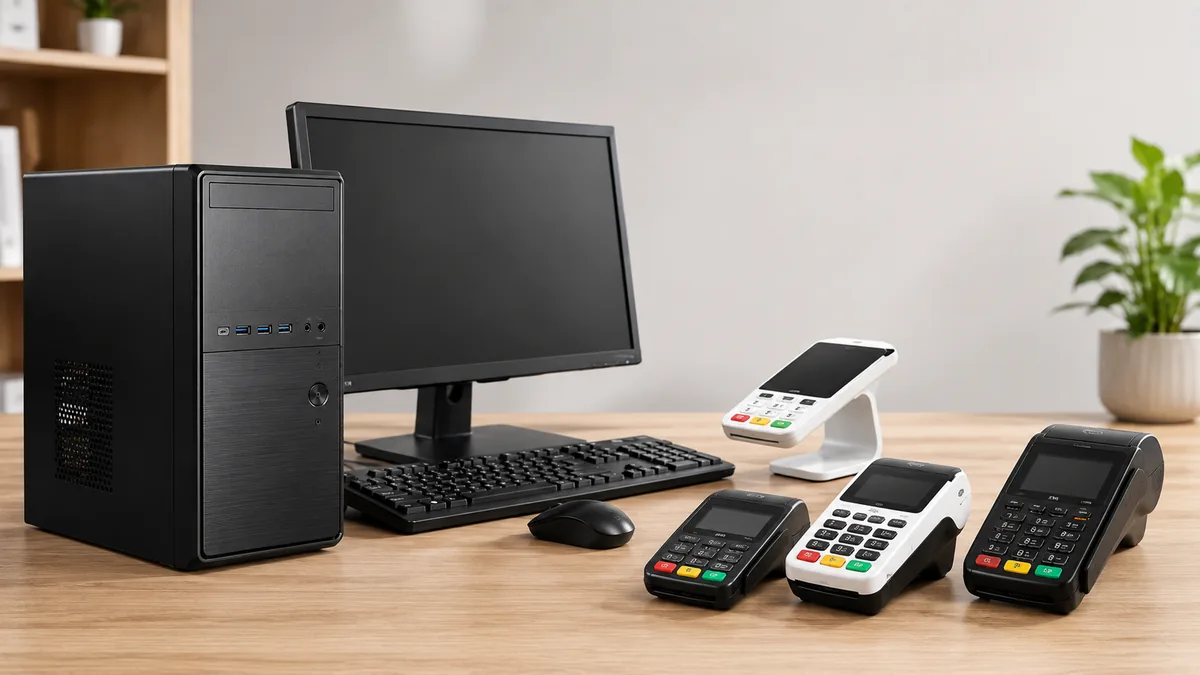 Sisteme desktop PC și terminale POS așezate pe un birou luminos, ilustrând echipamente pentru afaceri disponibile la preț avantajos.