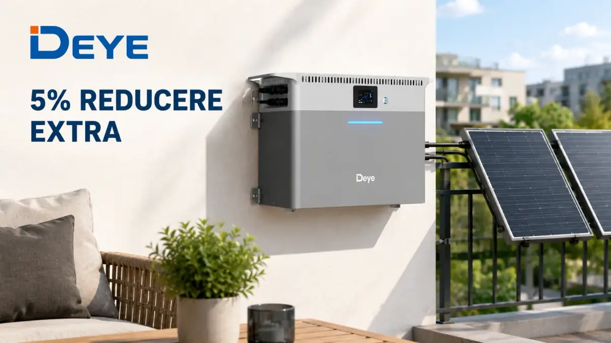 Centrală solară de balcon Deye BK250 montată lângă panouri fotovoltaice, cu 5% reducere extra.